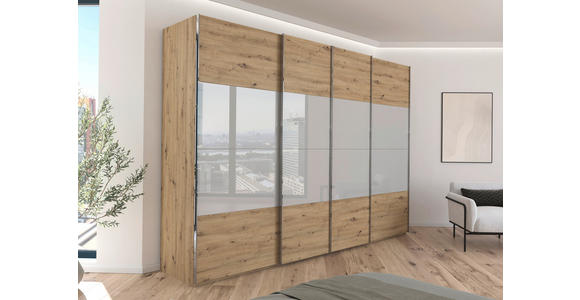 SCHWEBETÜRENSCHRANK  in Eiche Artisan, Seidengrau  - Chromfarben/Seidengrau, KONVENTIONELL, Glas/Holzwerkstoff (316/235/68cm) - Novel