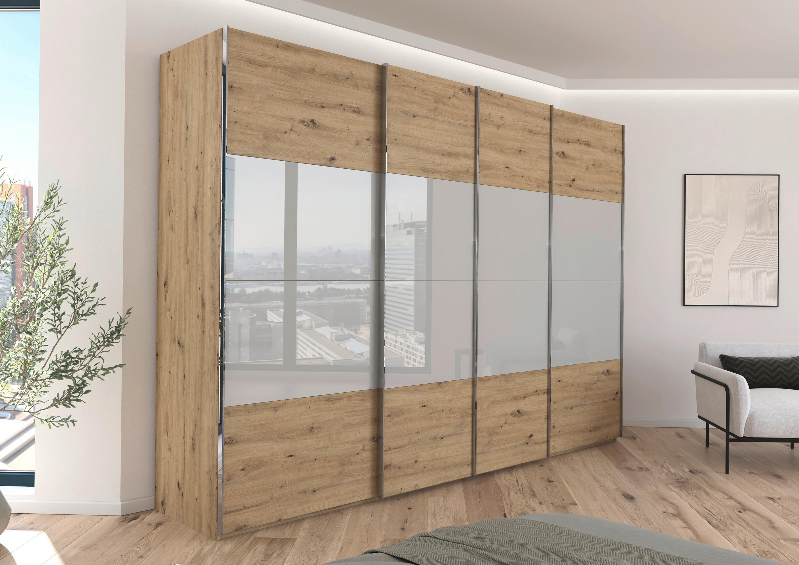 SCHWEBETÜRENSCHRANK 316/235/68 cm 4-türig Grau, Eiche Artisan  - Chromfarben/Eiche Artisan, KONVENTIONELL, Glas/Holzwerkstoff (316/235/68cm) - Novel
