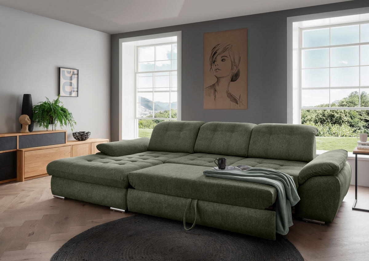 ECKSOFA in Chenille Grün  - Chromfarben/Grün, Modern, Textil/Metall (184/314cm) - Livetastic