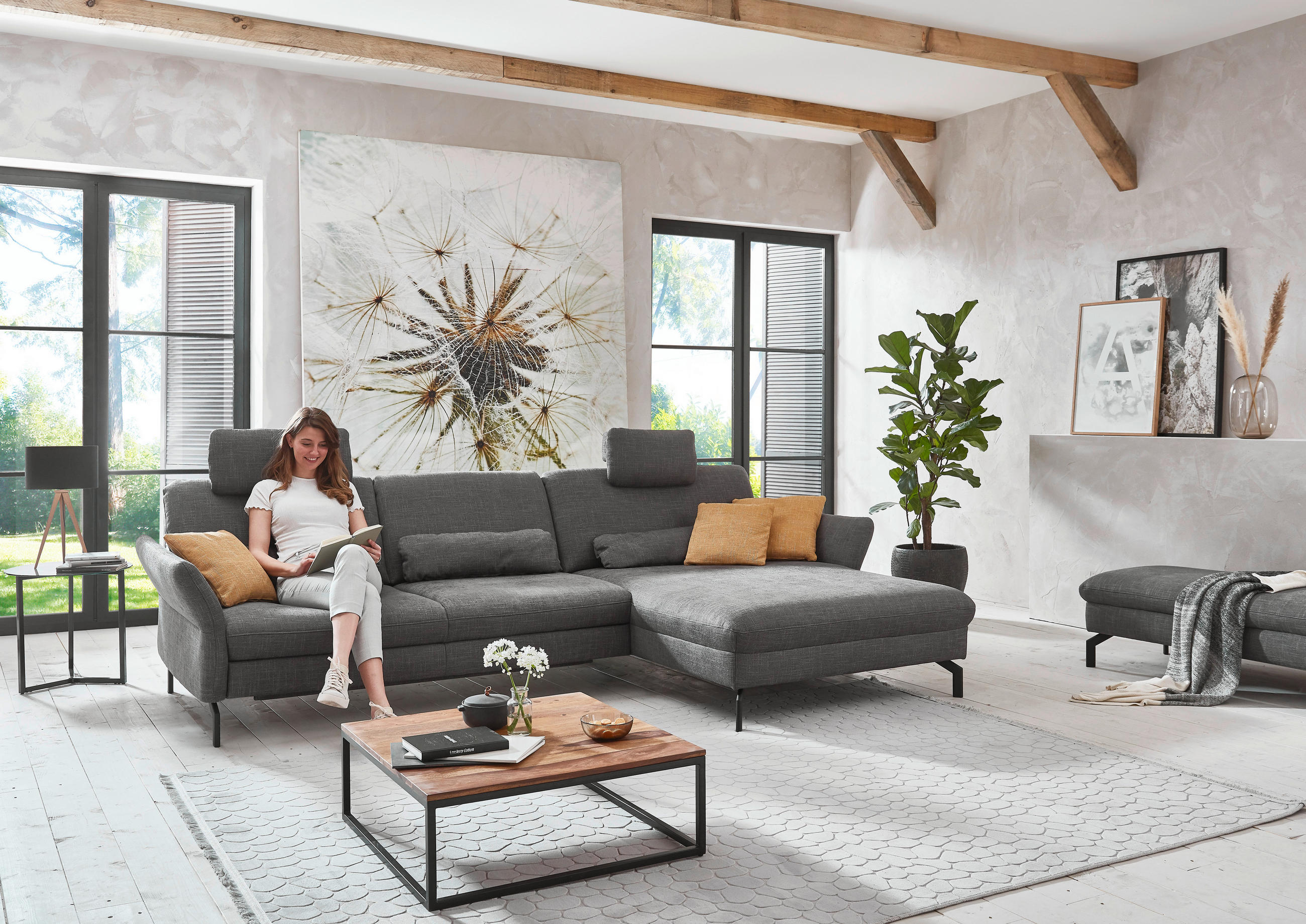ECKSOFA Anthrazit Webstoff  - Anthrazit/Schwarz, Design, Textil/Metall (179/306cm) - Beldomo System