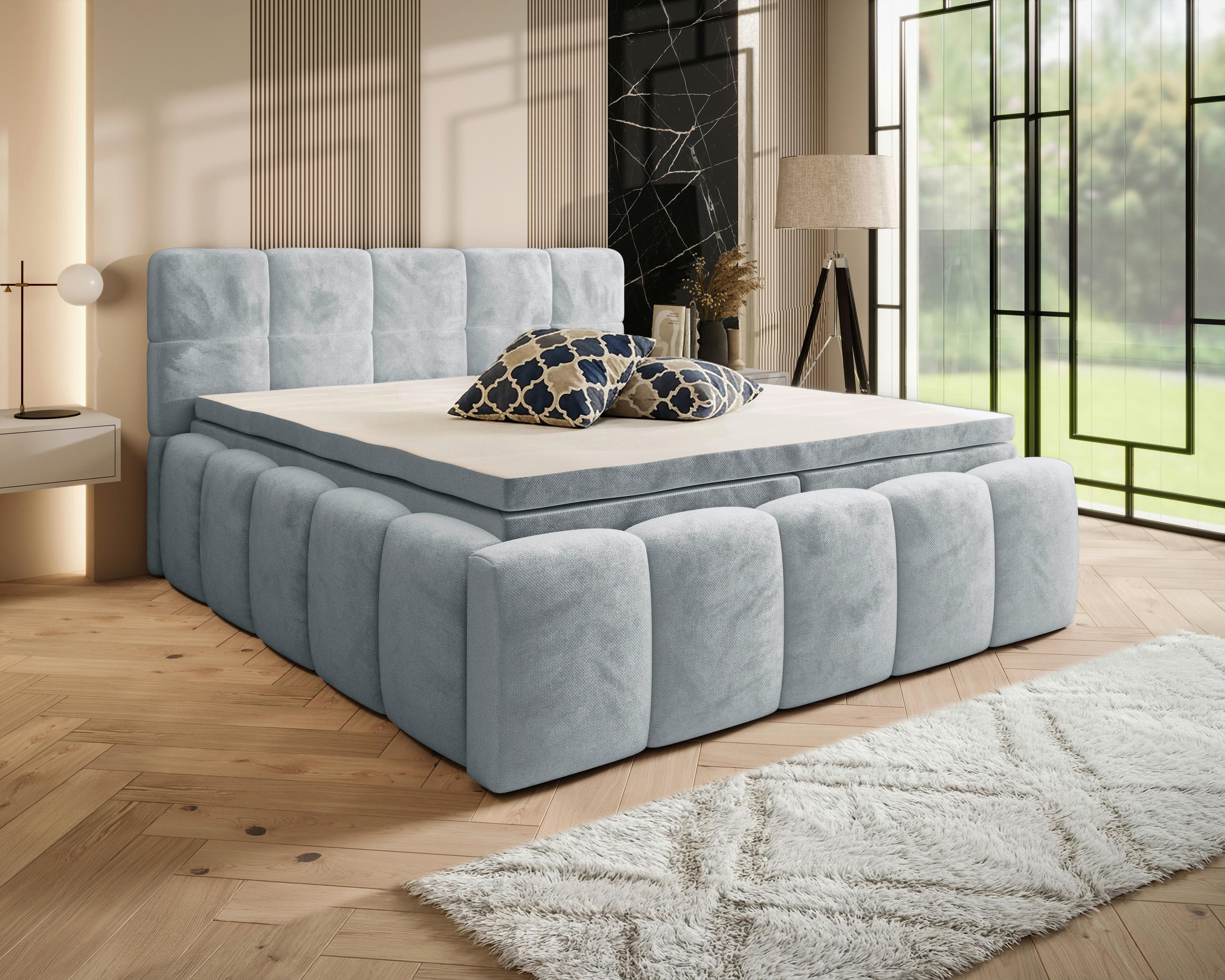 BOXBETT 200/200 cm,  in Hellgrau, gepolstertes Kopfteil, Bettkasten, Topper, Matratzen, H3 + H3 = fest  - Hellgrau/Schwarz, MODERN, Kunststoff/Textil (200/200cm) - Xora