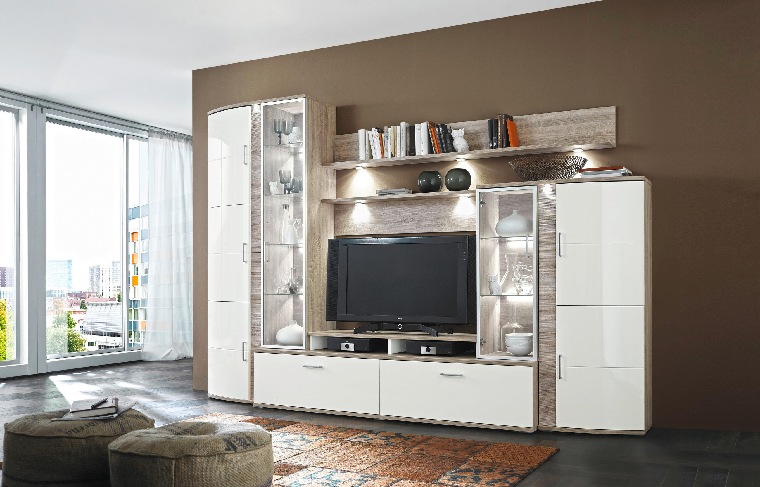 OBÝVACÍ STĚNA, krémová, barvy dubu - barvy stříbra/barvy dubu, Design, kov/kompozitní dřevo (327/217/49cm) - Xora