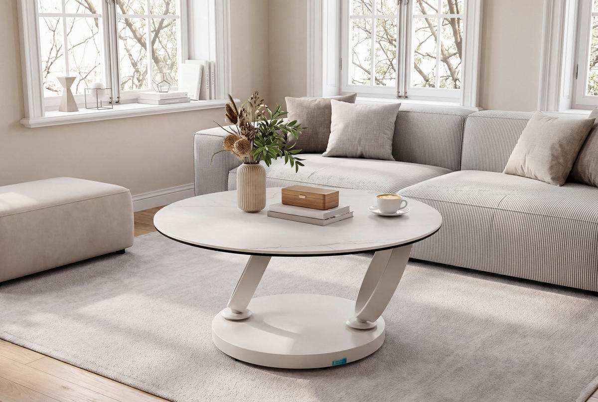 COUCHTISCH ESG 80-133,5/80/43 cm rund Weiß, Beige  - Beige/Weiß, Design, Glas/Keramik (80-133,5/80/43cm) - Dieter Knoll