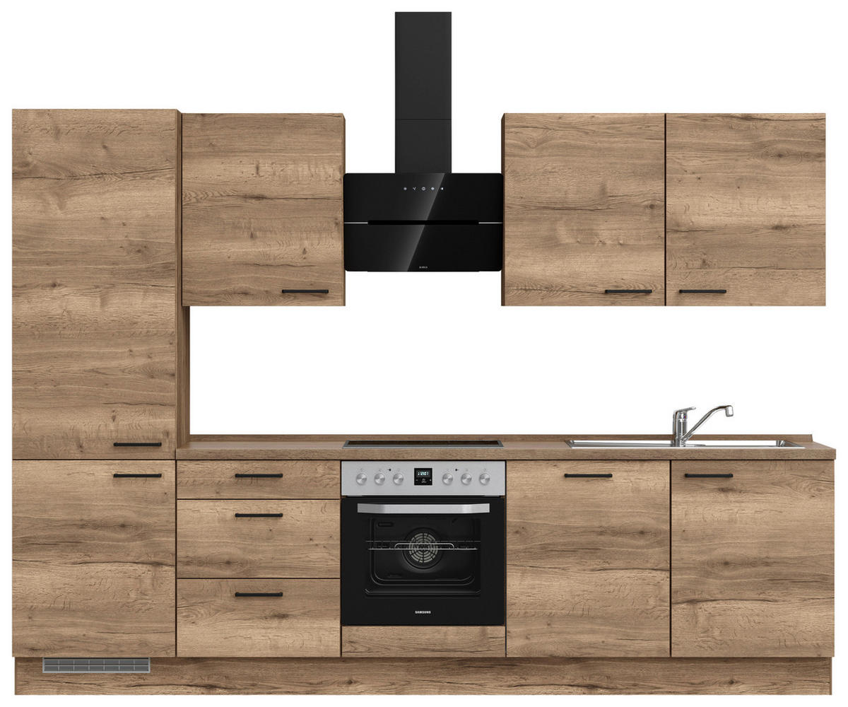 BUCĂTĂRIE FĂRĂ ELECTROCASNICE  - stejar închis la culoare/negru, Modern, metal/material pe bază de lemn (300cm) - Nobilia