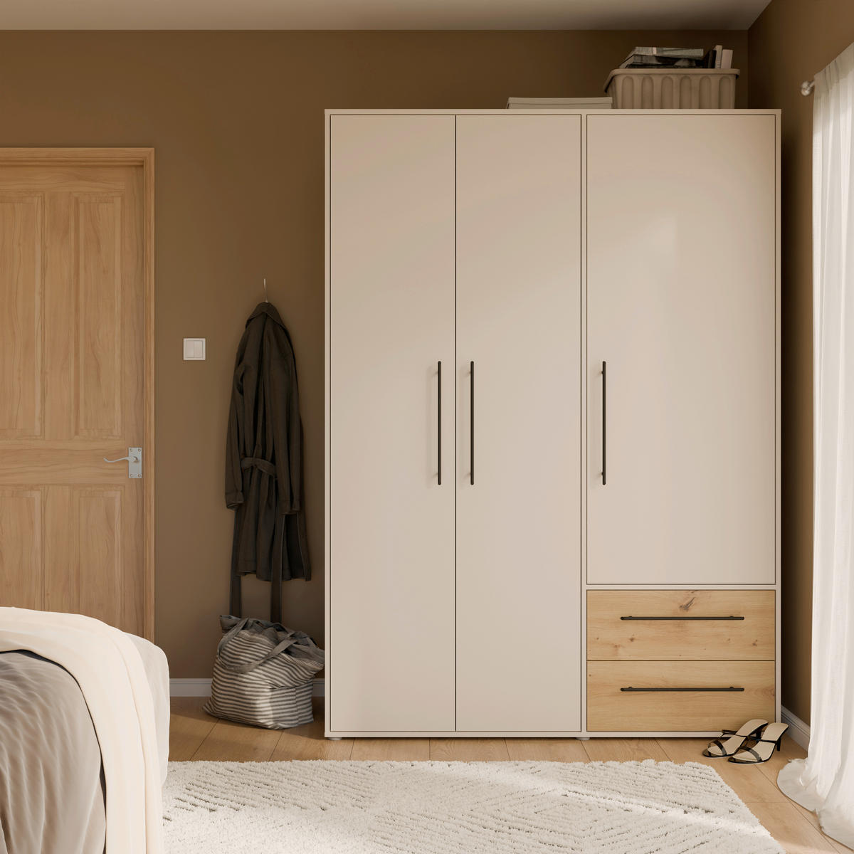 KLEIDERSCHRANK 144/200/59 cm,  in Sandfarben, Eiche Artisan, 3 Tür(en)  - Sandfarben/Schwarz, KONVENTIONELL, Holzwerkstoff/Kunststoff (144/200/59cm) - Milino
