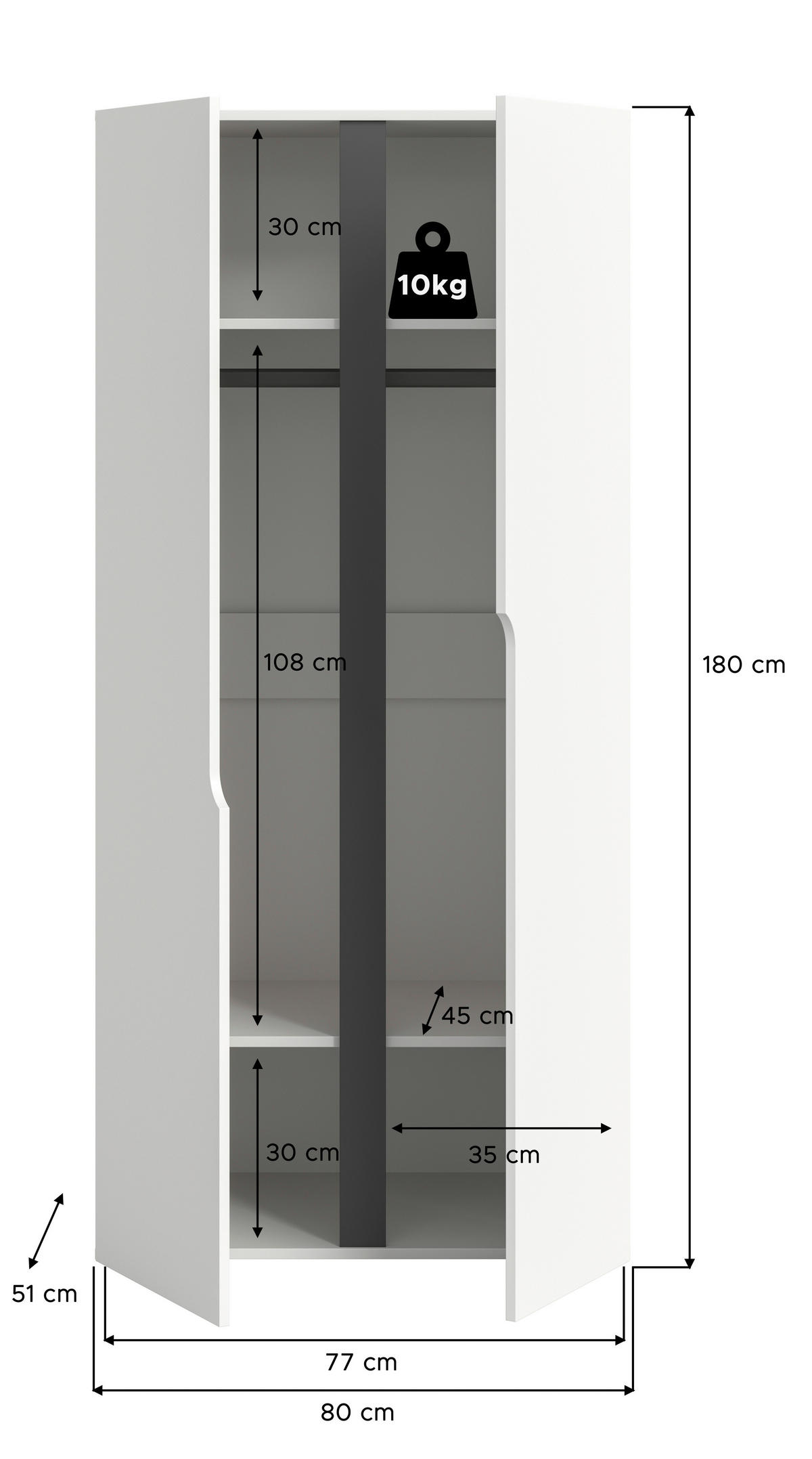 DREHTÜRENSCHRANK 80/180/51 cm,  in Weiß, 2-türig  - Weiß, MODERN, Holzwerkstoff (80/180/51cm) - MID.YOU