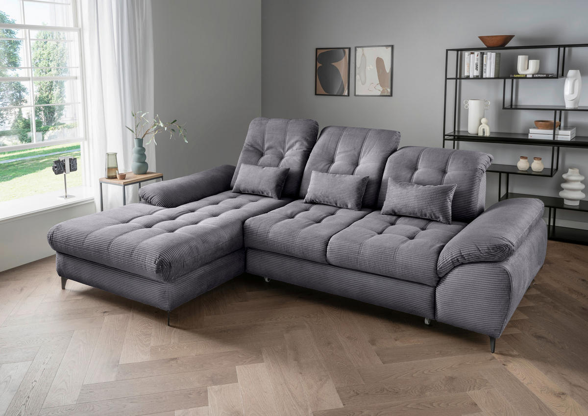 ECKSCHLAFSOFA in Cord Grau  - Schwarz/Grau, Modern, Textil/Metall (189/273cm) - Livetastic
