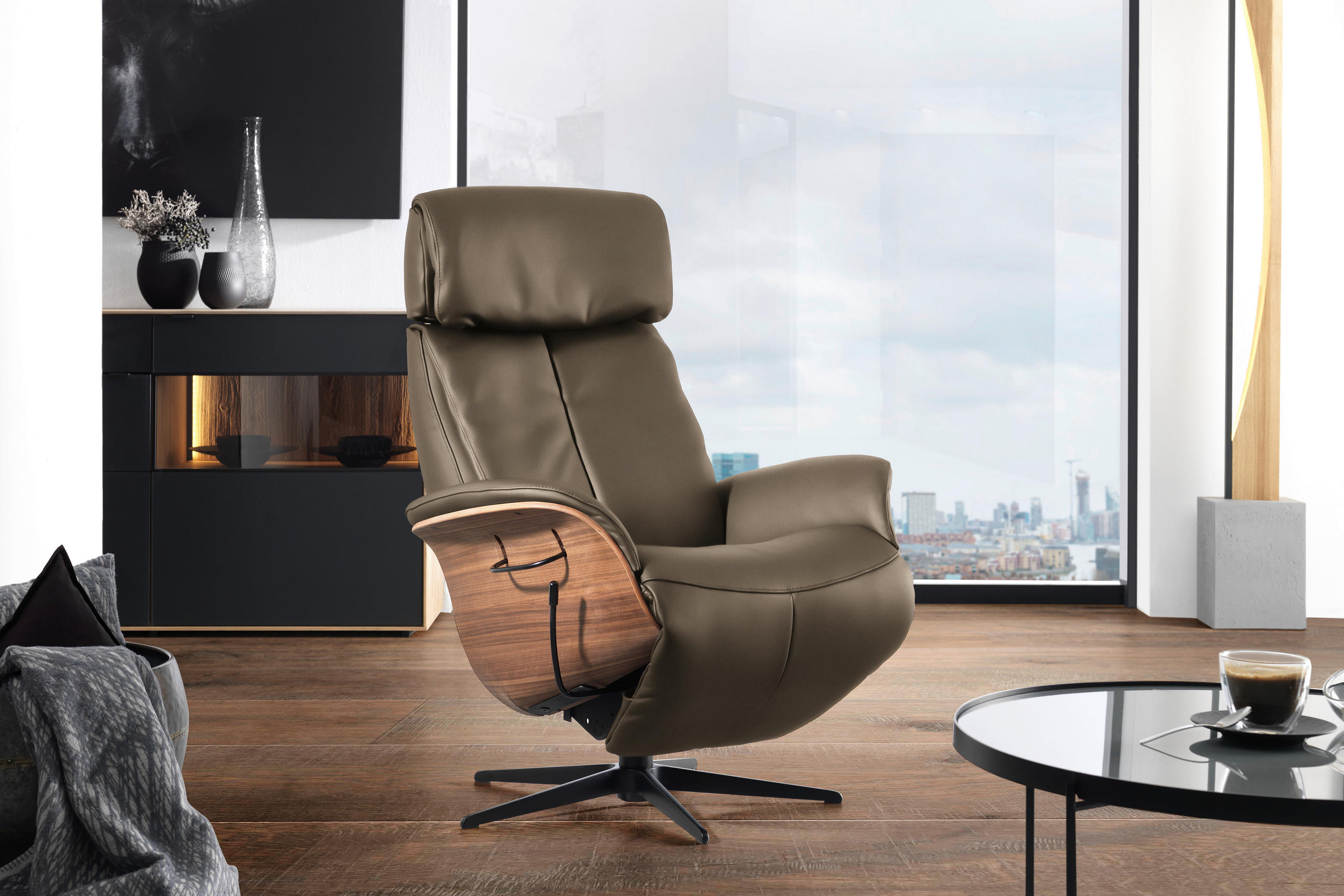 RELAXSESSEL Echtleder Relaxfunktion, Kopfteilverstellung    - Beige/Nussbaumfarben, Design, Leder/Holz (78/104-113/84cm) - Welnova