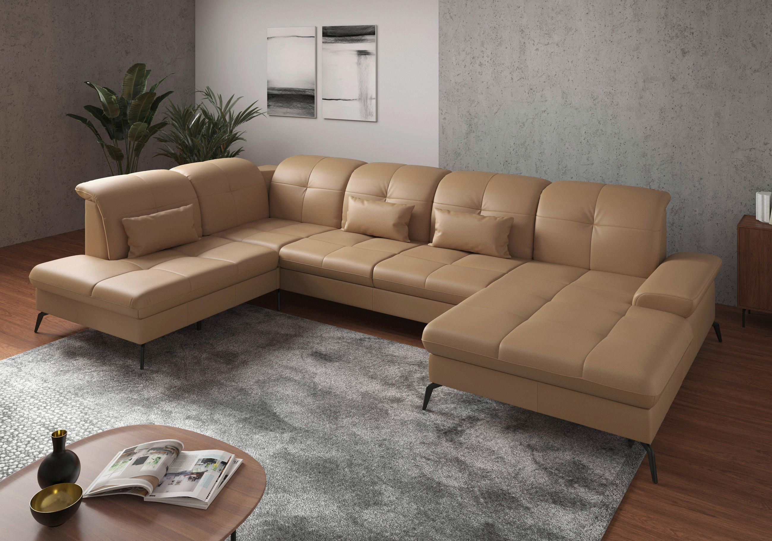 WOHNLANDSCHAFT in Vliesstoff Kombination Echtleder/Stoff Cappuccino  - Schwarz/Cappuccino, Konventionell, Leder/Textil (231/357/185cm) - Sit & More
