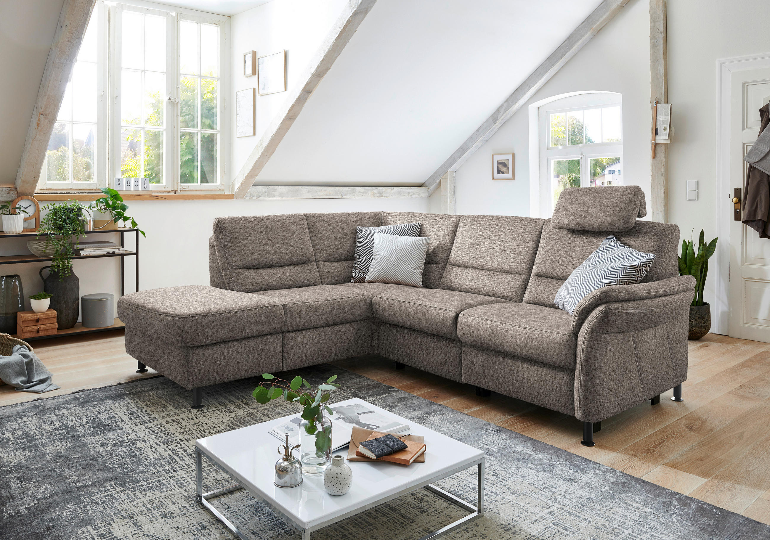 ECKSOFA in Flachgewebe Graubraun  - Graubraun/Schwarz, Modern, Textil/Metall (203/227cm) - Beldomo System