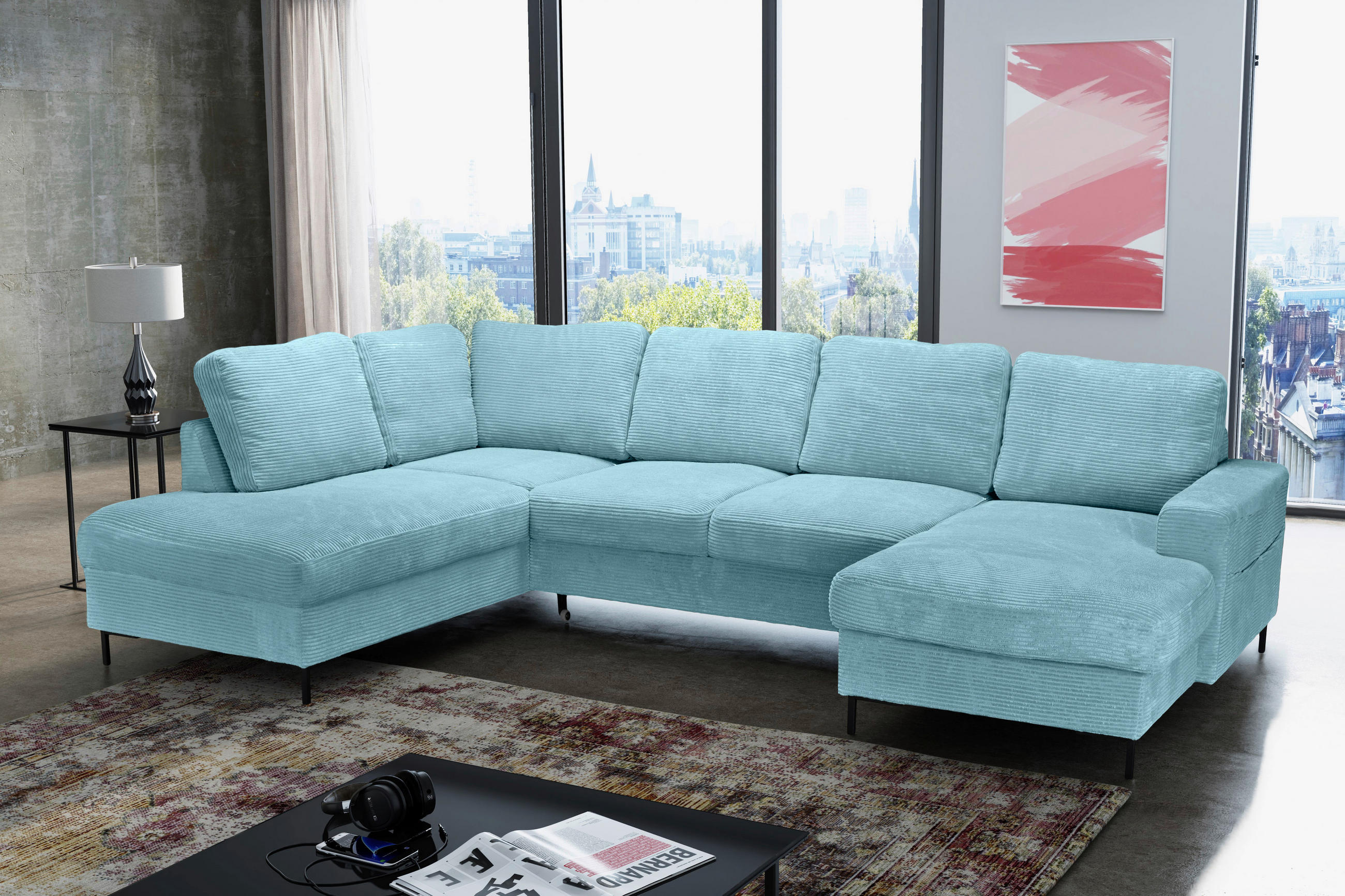 WOHNLANDSCHAFT Türkis Cord  - Türkis/Schwarz, KONVENTIONELL, Textil/Metall (197/303/148cm) - Carryhome