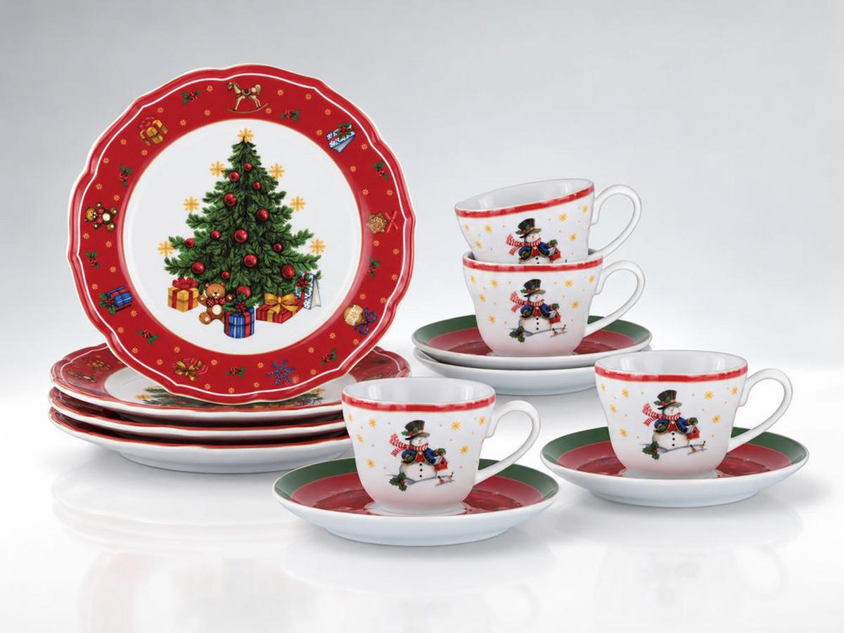 SERVIS ZA KAFU - bela/crvena, Konvencionalno, keramika - X-Mas