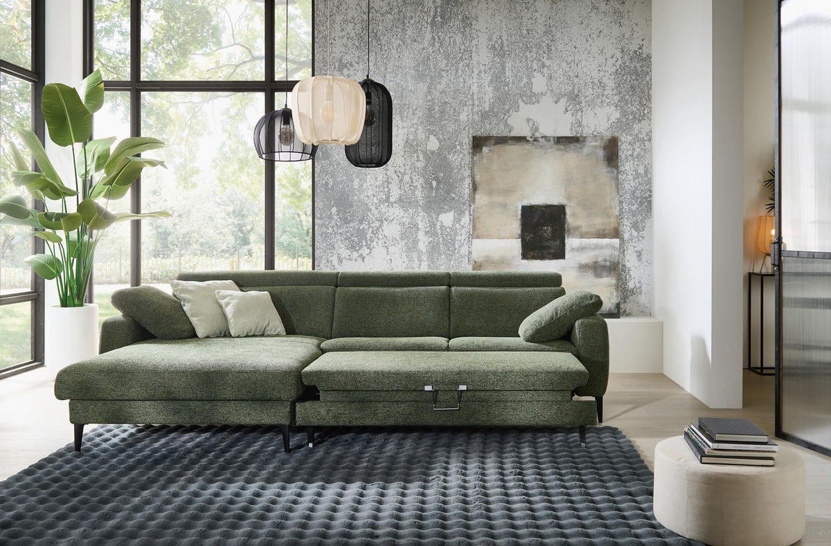 ECKSOFA Grün Chenille  - Schwarz/Grün, KONVENTIONELL, Textil/Metall (177/300cm) - Valdera