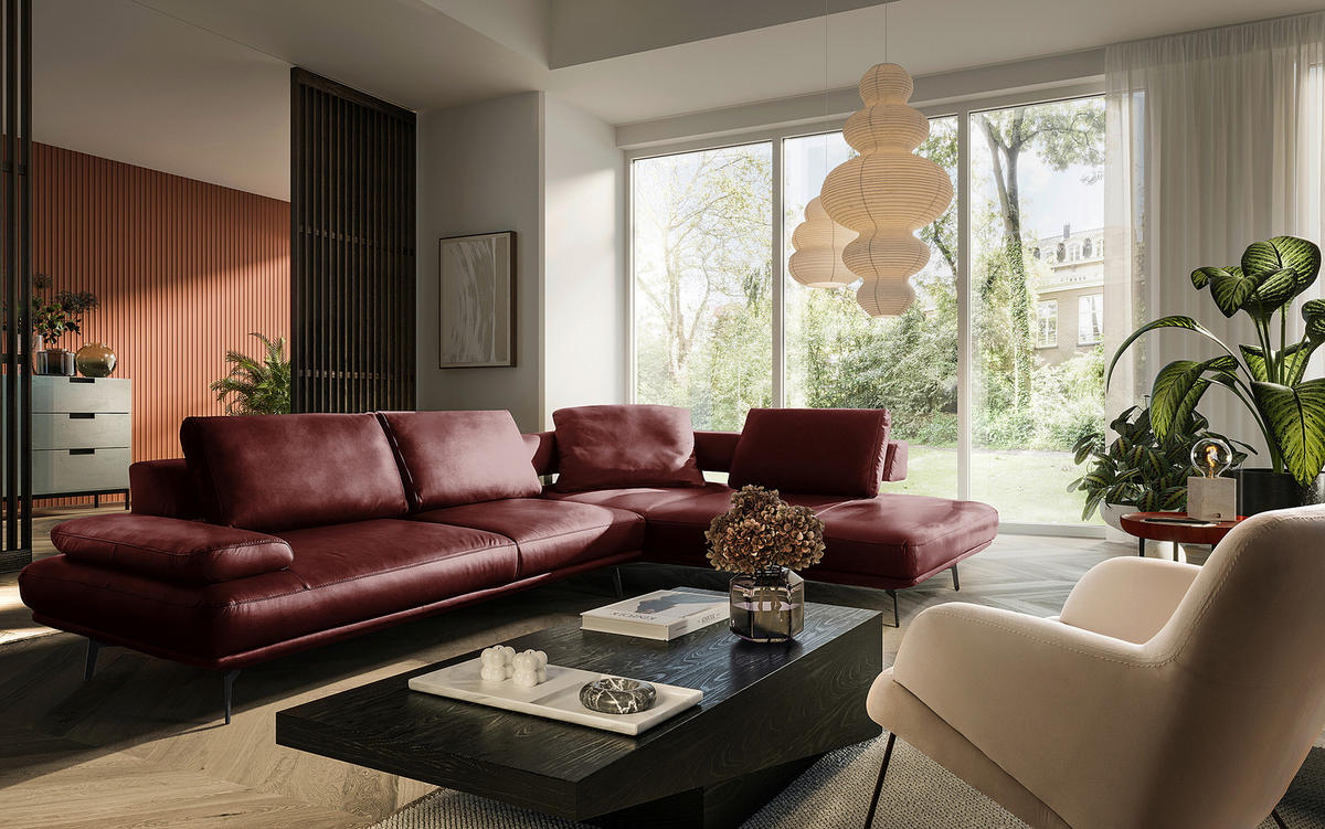 ECKSOFA Rot Echtleder  - Rot/Schwarz, Design, Leder/Metall (306/237cm) - Livetastic