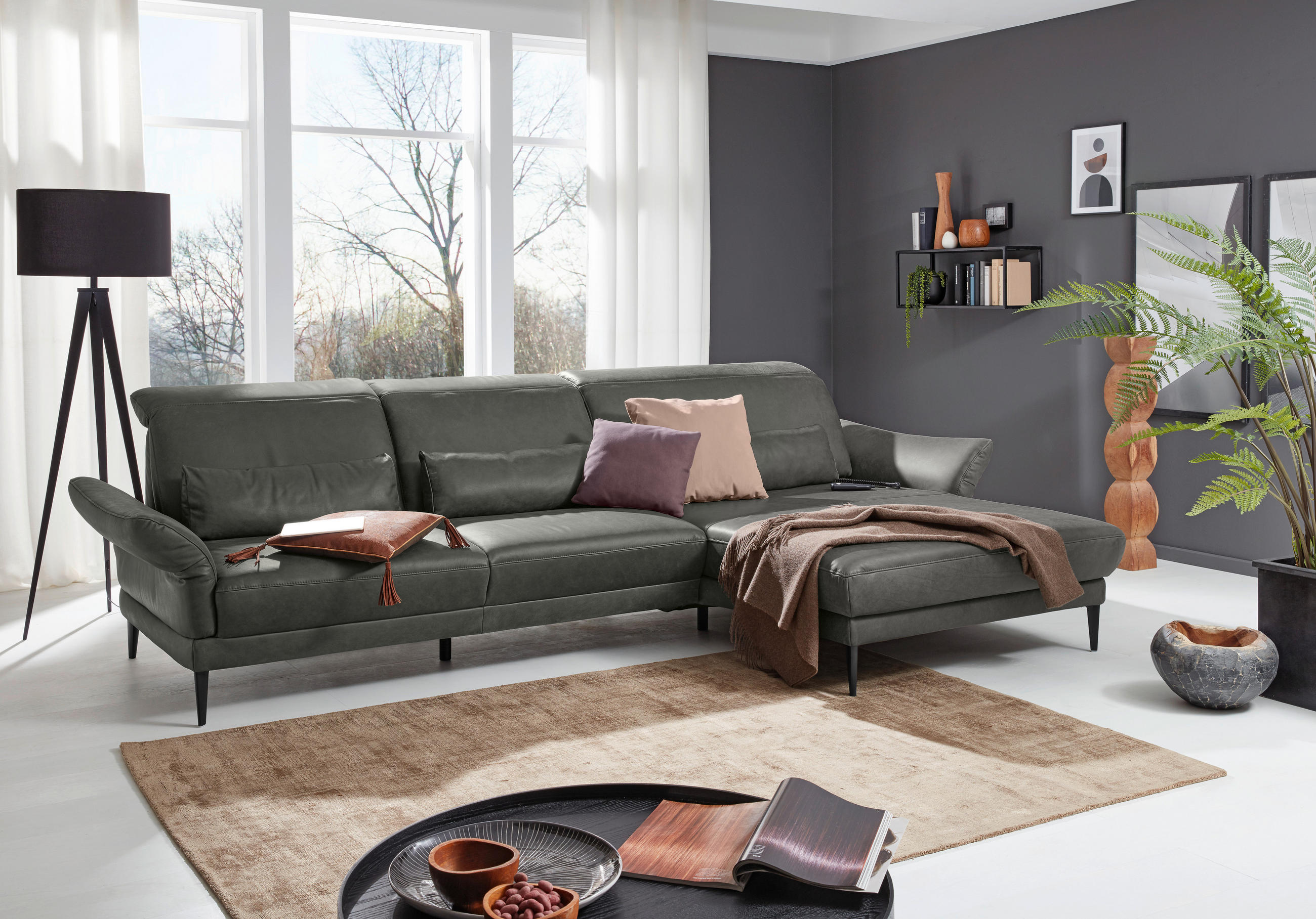 ECKSOFA Dunkelgrau Echtleder - Dunkelgrau/Schwarz, Design, Leder/Metall (312/193cm) - Musterring