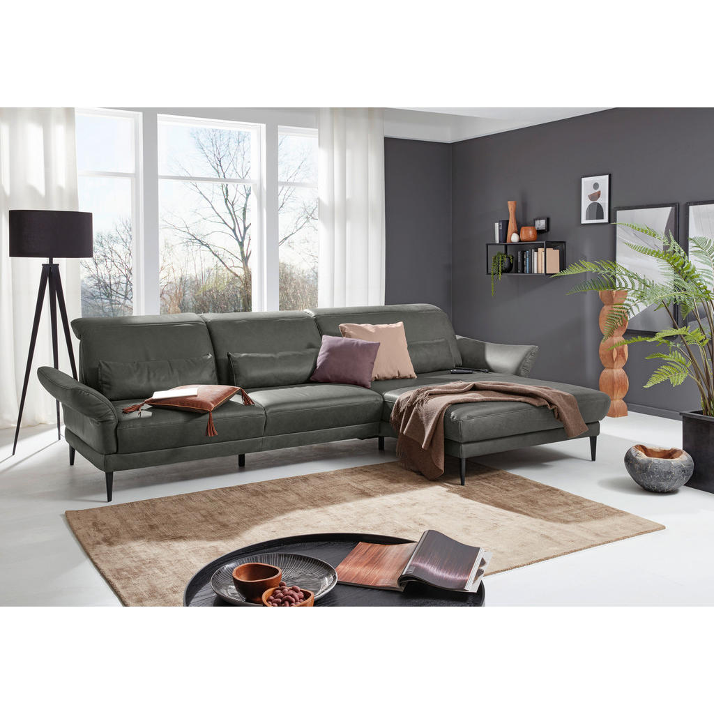 Thumbnail - Musterring Ecksofa MR 1350, Dunkelgrau, Leder, Echtleder, Rindleder, 3-Sitzer, Ottomane rechts, L-Form, 312x193 cm, Gold...