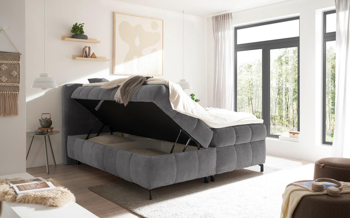 BOXBETT 180/200 cm,  in Grau, Bettkasten, Topper, Matratzen, H2 = mittel  - Schwarz/Grau, KONVENTIONELL, Kunststoff/Textil (180/200cm) - Hom`in
