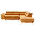 ECKSOFA Amanda Exklusiv 0457 Currygelb Echtleder Bettkasten, Schlaffunktion, Rücken echt, Kopfteilverstellung  - Chromfarben/Currygelb, Design, Leder/Metall (270/220cm) - Novel