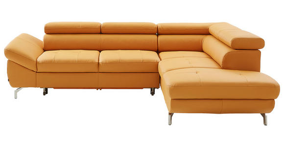 ECKSOFA Amanda Exklusiv 0457 Currygelb Echtleder Bettkasten, Schlaffunktion, Rücken echt, Kopfteilverstellung  - Chromfarben/Currygelb, Design, Leder/Metall (270/220cm) - Novel