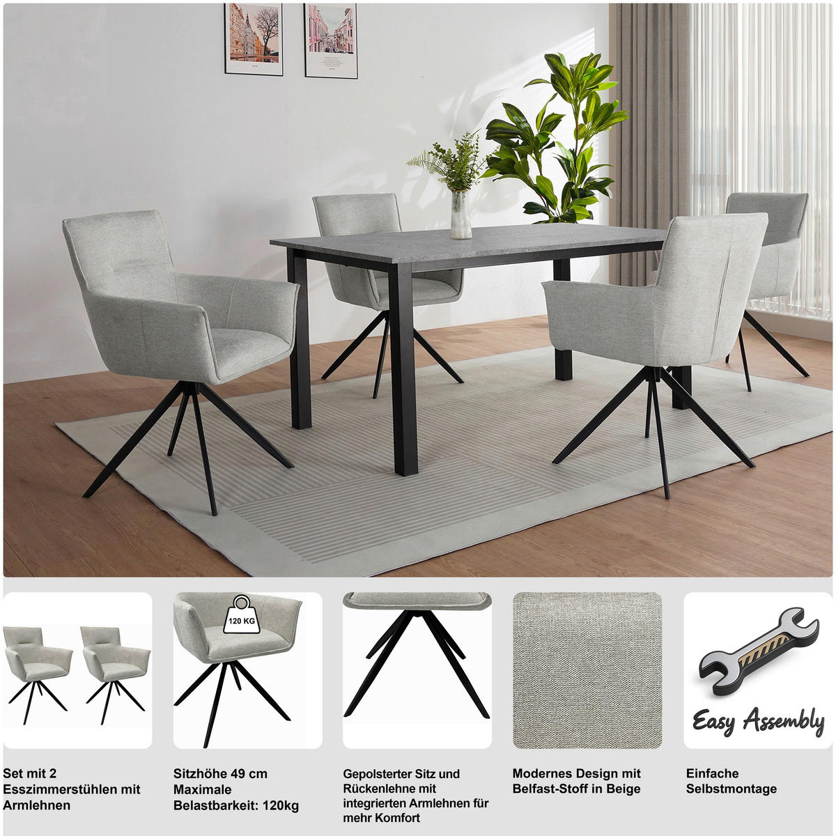 ARMLEHNSTUHL-SET 2 Stück  in Eisen Webstoff  - Beige/Schwarz, Basics, Textil/Metall (61/90/62cm) - MID.YOU