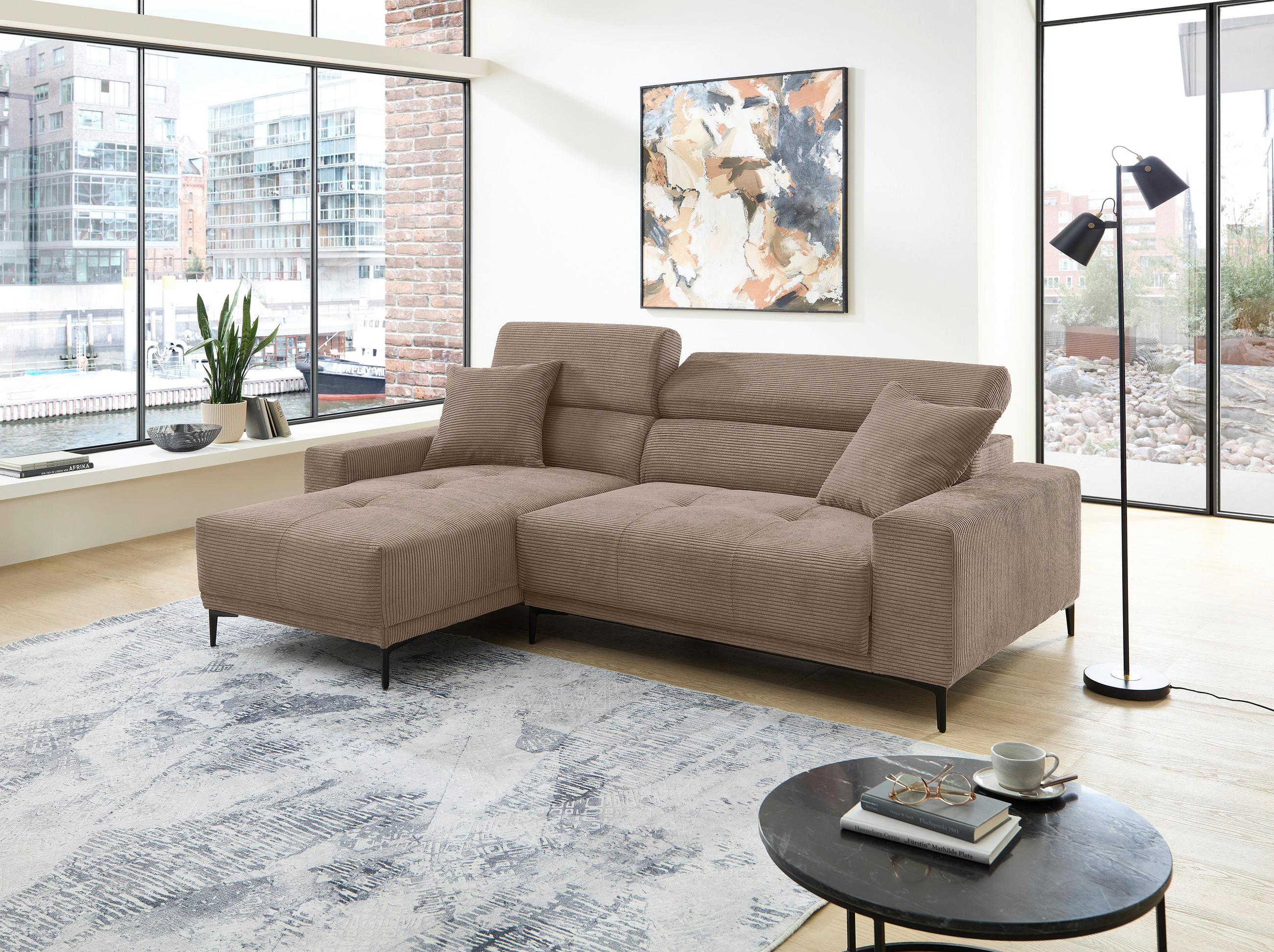 ECKSOFA Cord Graubraun  - Graubraun/Schwarz, Basics, Textil/Metall (183/250cm) - Livetastic