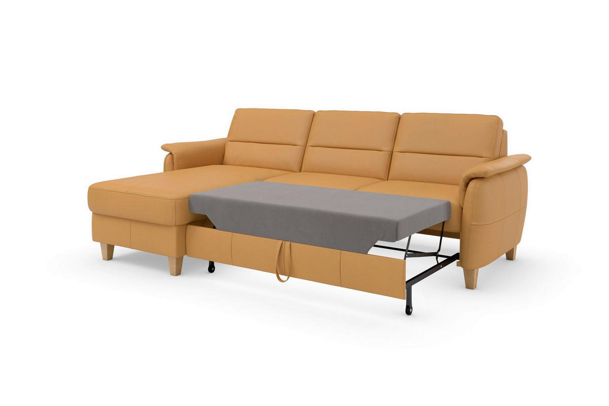 ECKSOFA PALMERA E Currygelb Kombination Echtleder/Stoff Mikrofaser Bettkasten  - Currygelb/Eichefarben, Basics, Leder/Holz (163/244cm) - Sit & More