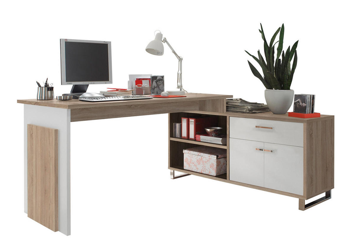 ECKSCHREIBTISCH 140/65/76 cm  in Weiss, Sonoma Eiche  - Chromfarben/Weiss, Basics, Holzwerkstoff/Metall (140/65/76cm) - MID.YOU