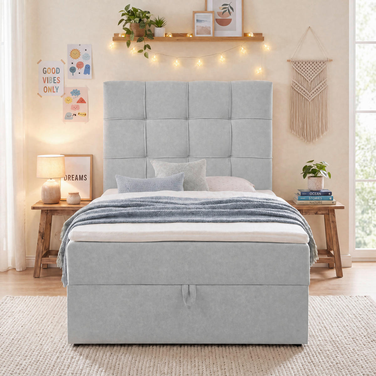 BOXBETT 100/200 cm,  in Hellgrau, Matratze, gepolstertes Kopfteil, Bettkasten, Topper, H3 = fest  - Hellgrau/Schwarz, Basics, Kunststoff/Textil (100/200cm) - Chameo