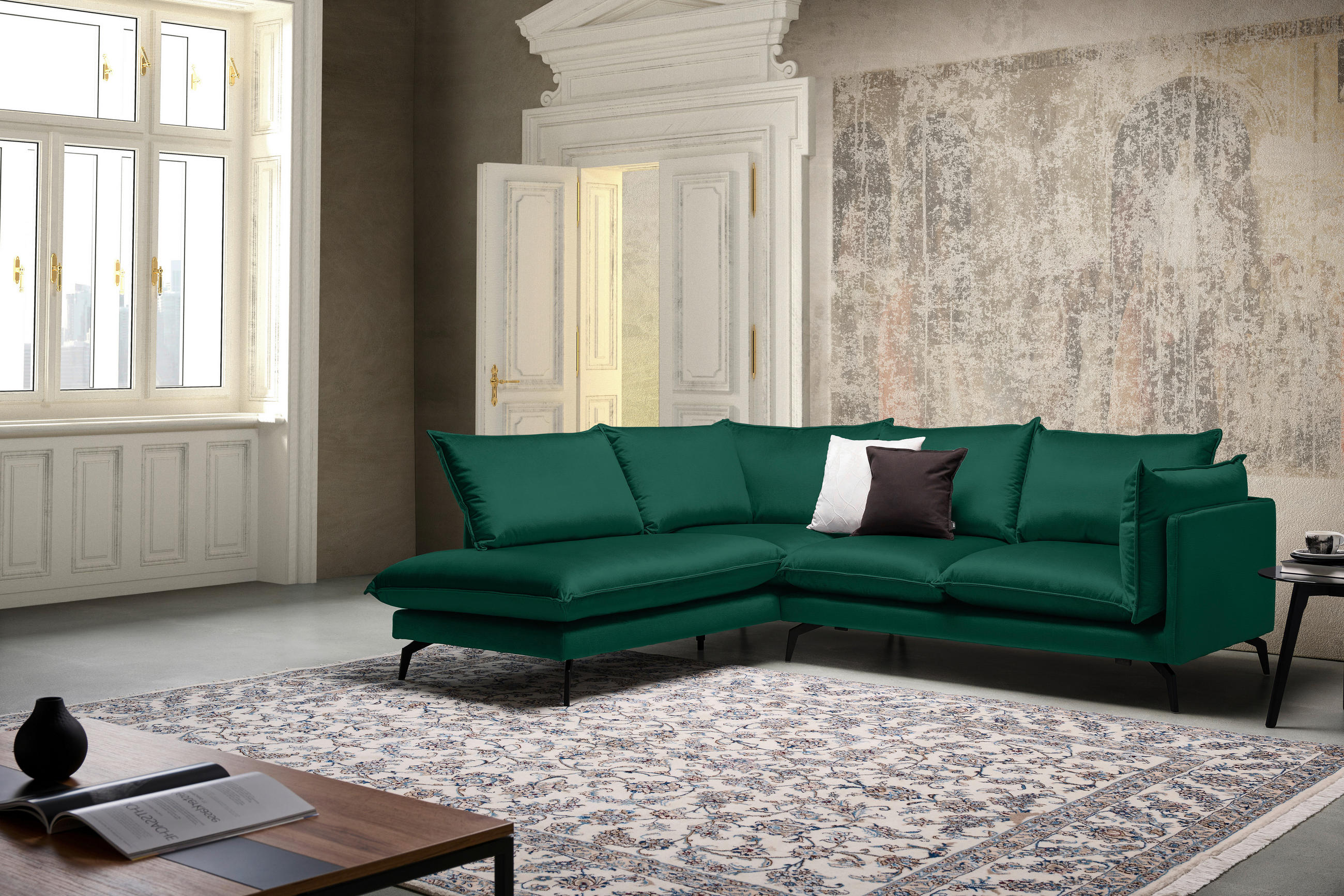 ECKSOFA in Samt Grün  - Schwarz/Grün, Design, Textil/Metall (200/241cm) - Carryhome