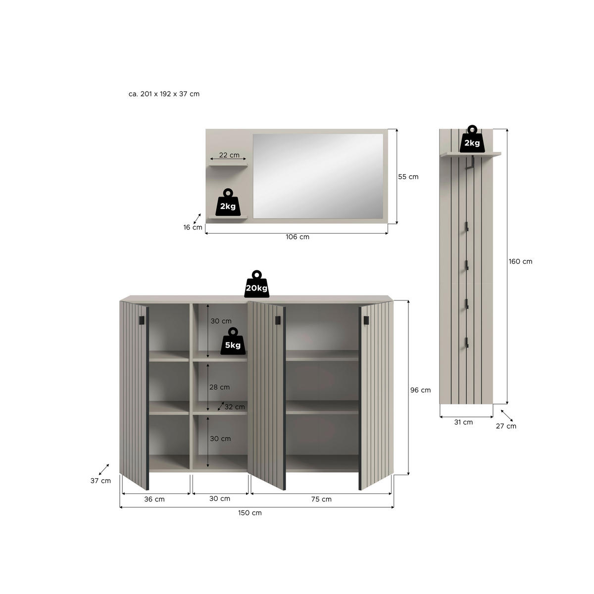 GARDEROBE 3-teilig  in 201/192/37 cm  - Kaschmir, Design, Holzwerkstoff (201/192/37cm) - MID.YOU