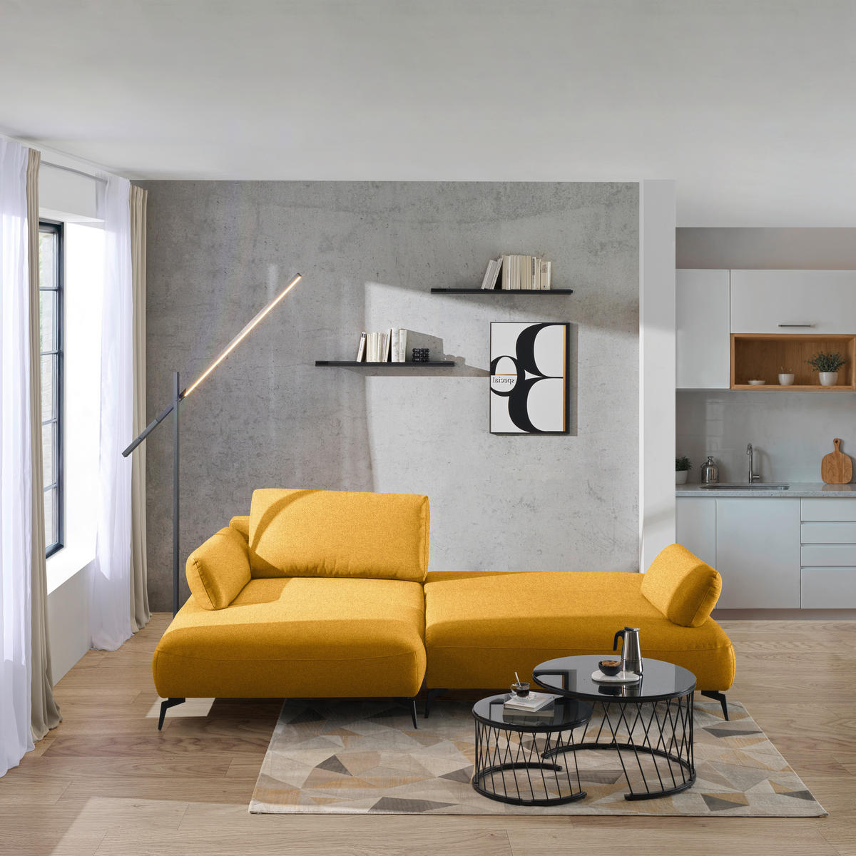 ECKSOFA COLORADO in Struktur Senfgelb  - Senfgelb/Schwarz, Design, Textil/Metall (186/284cm) - Lomoco