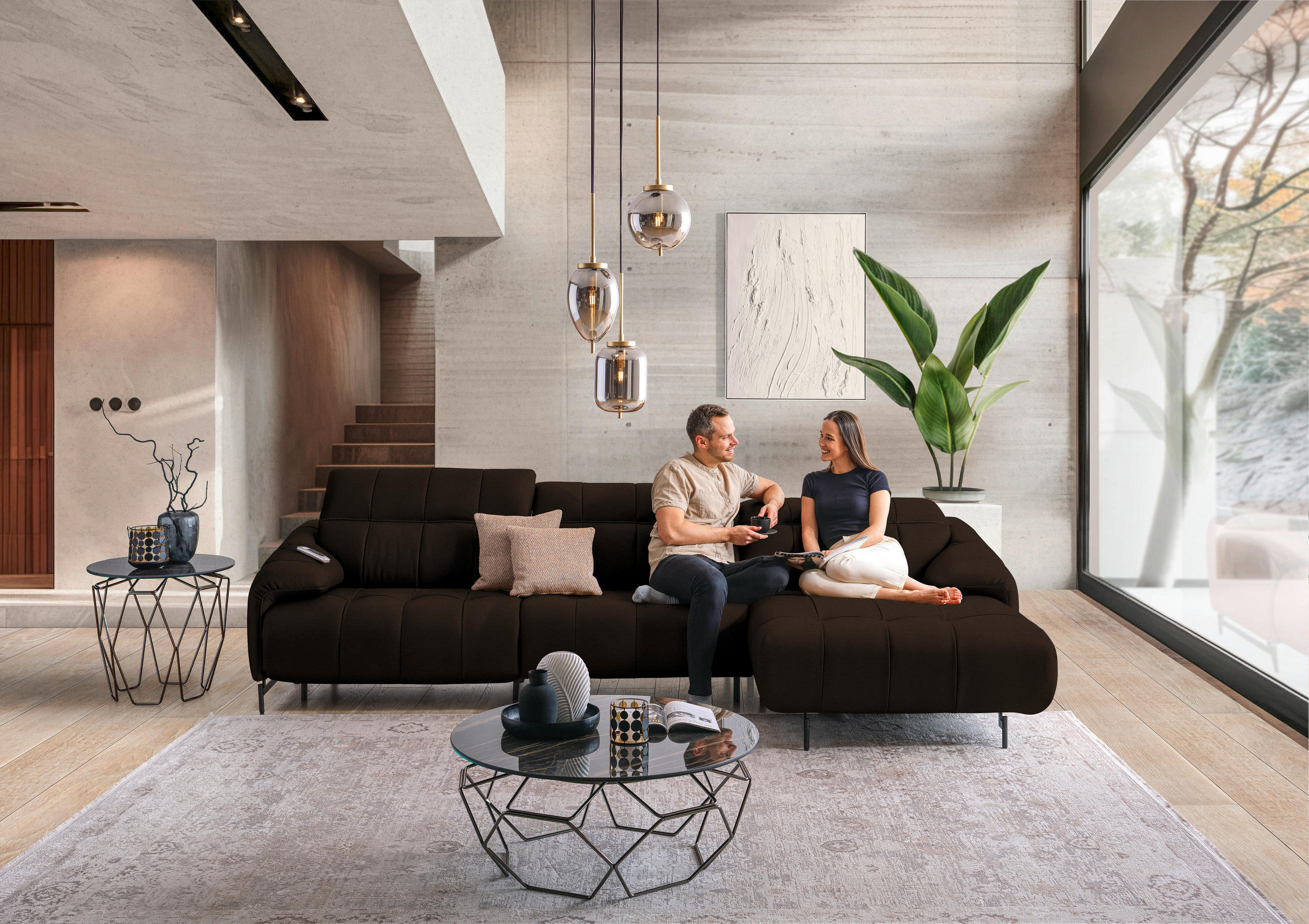 ECKSOFA in Echtleder Dunkelbraun  - Dunkelbraun/Schwarz, Design, Leder/Metall (313/165cm) - Belluti