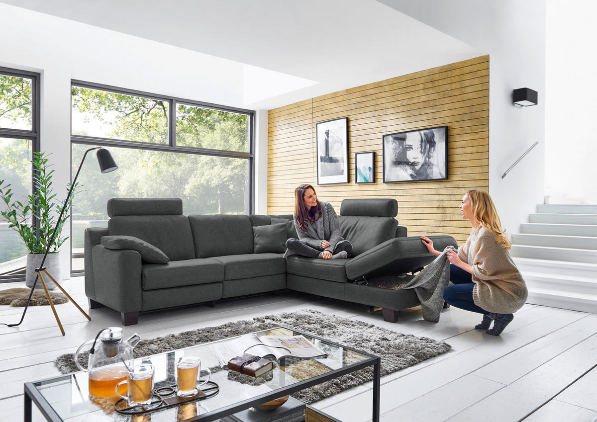 ECKSOFA in Echtleder Anthrazit  - Eichefarben/Anthrazit, Design, Leder/Holz (259/235cm) - Valdera