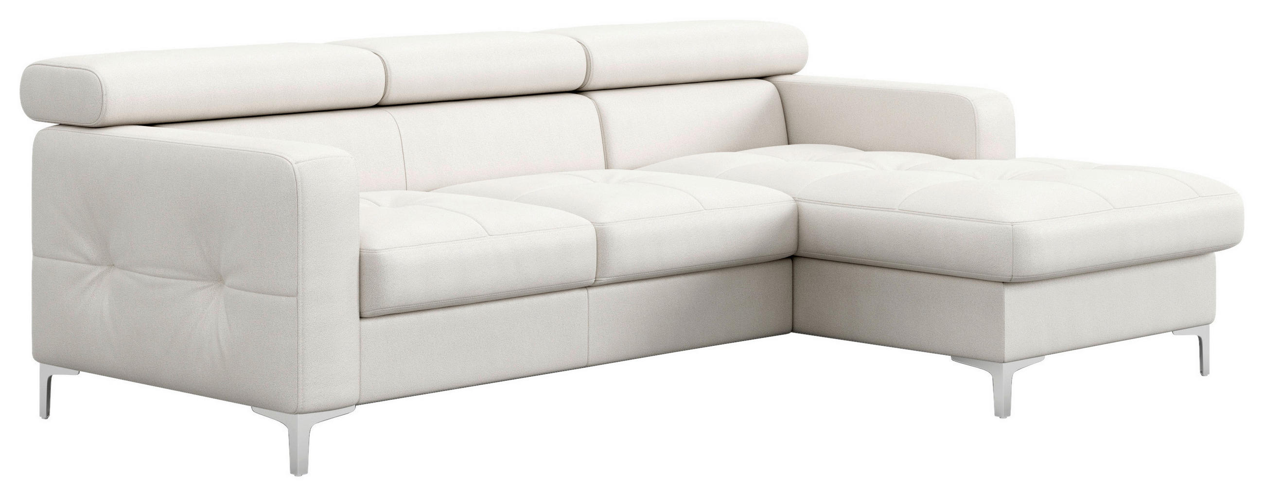ECKSOFA Weiß Echtleder Bettkasten, Schlaffunktion, Kopfteilverstellung, Kopfstütze  - Chromfarben/Weiß, Design, Leder/Metall (227/168cm) - Livetastic