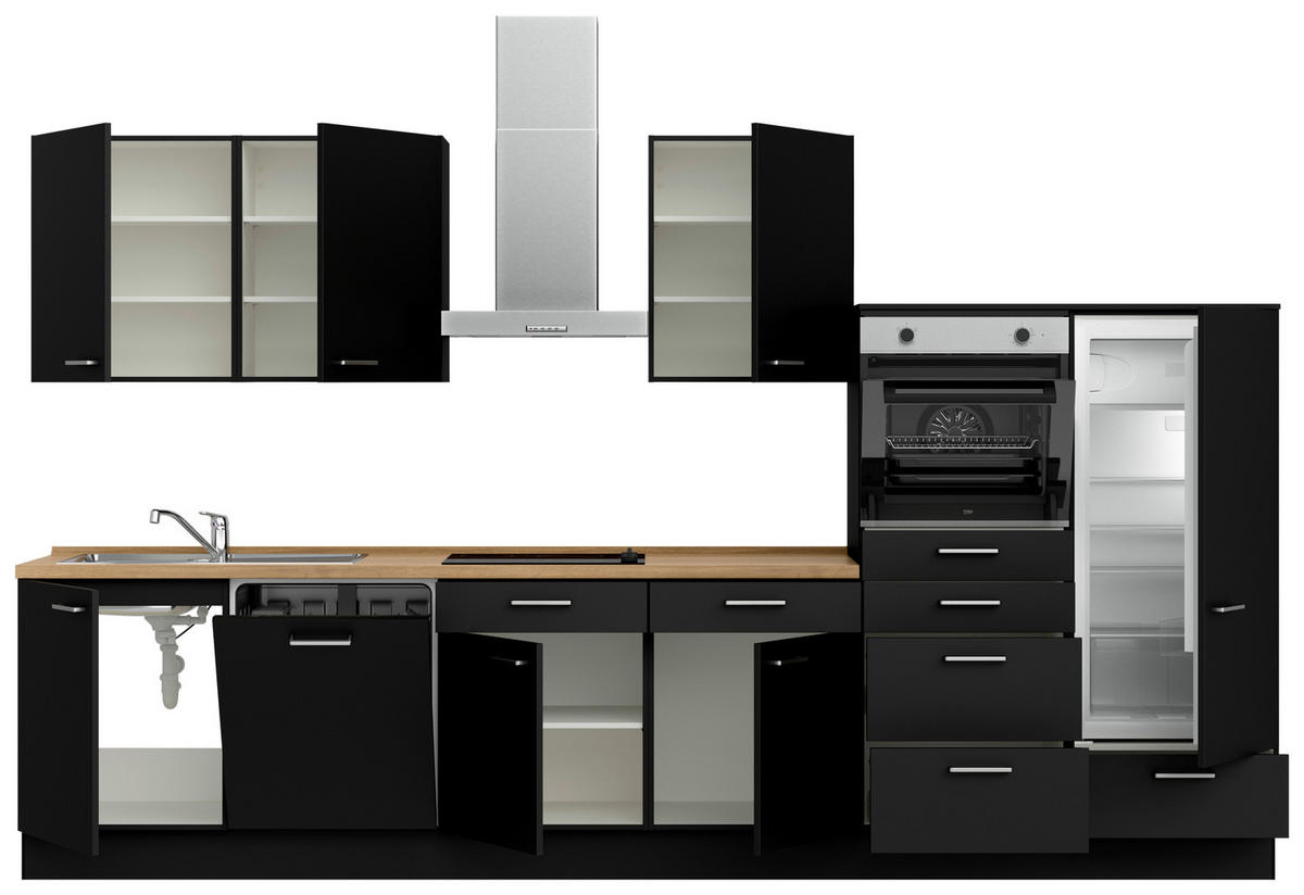 KÜCHENBLOCK 360 cm   in Schwarz, Eichefarben  - Edelstahlfarben/Eichefarben, MODERN, Holzwerkstoff/Metall (360cm) - Nobilia