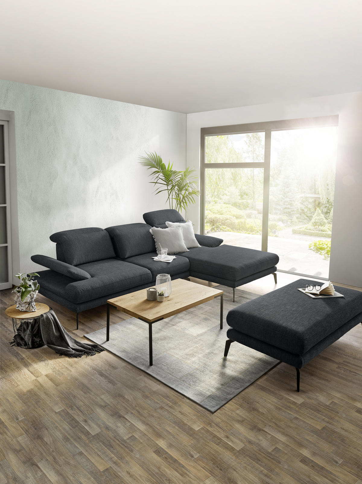 ECKSOFA inkl. Funktionen Grau Webstoff  - Schwarz/Grau, Design, Textil/Metall (289/180cm) - Stylife