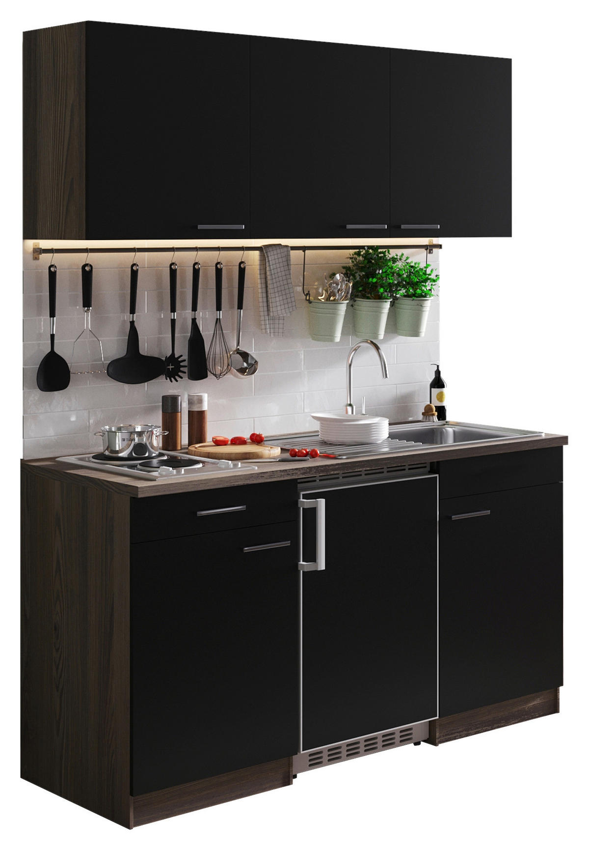 MINIKÜCHE 150 cm   in Schwarz  - Eichefarben/Alufarben, Basics, Holzwerkstoff/Kunststoff (150cm) - Respekta