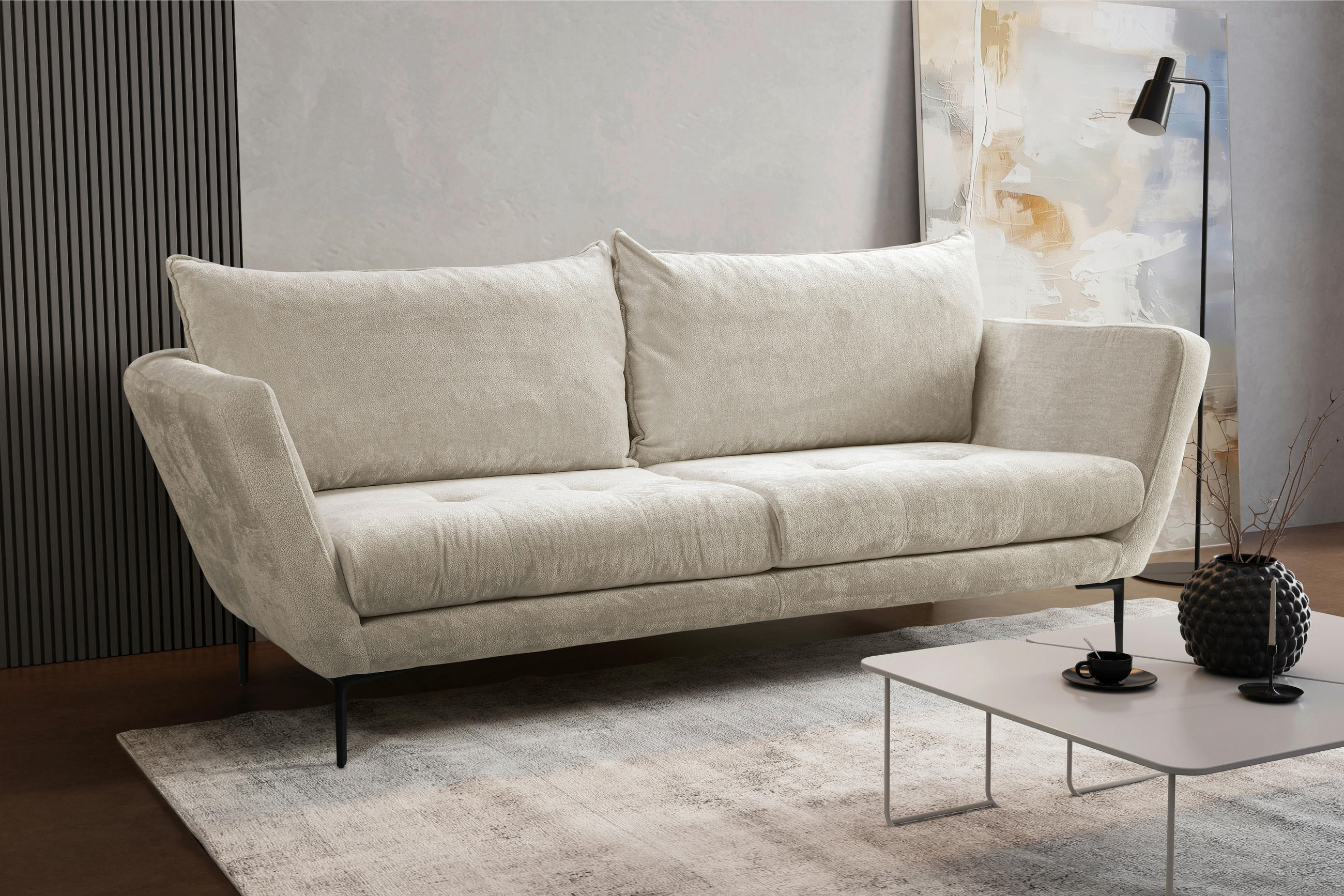 SOFA in Velours Creme  - Creme/Schwarz, Design, Textil/Metall (225/86/95cm) - MID.YOU