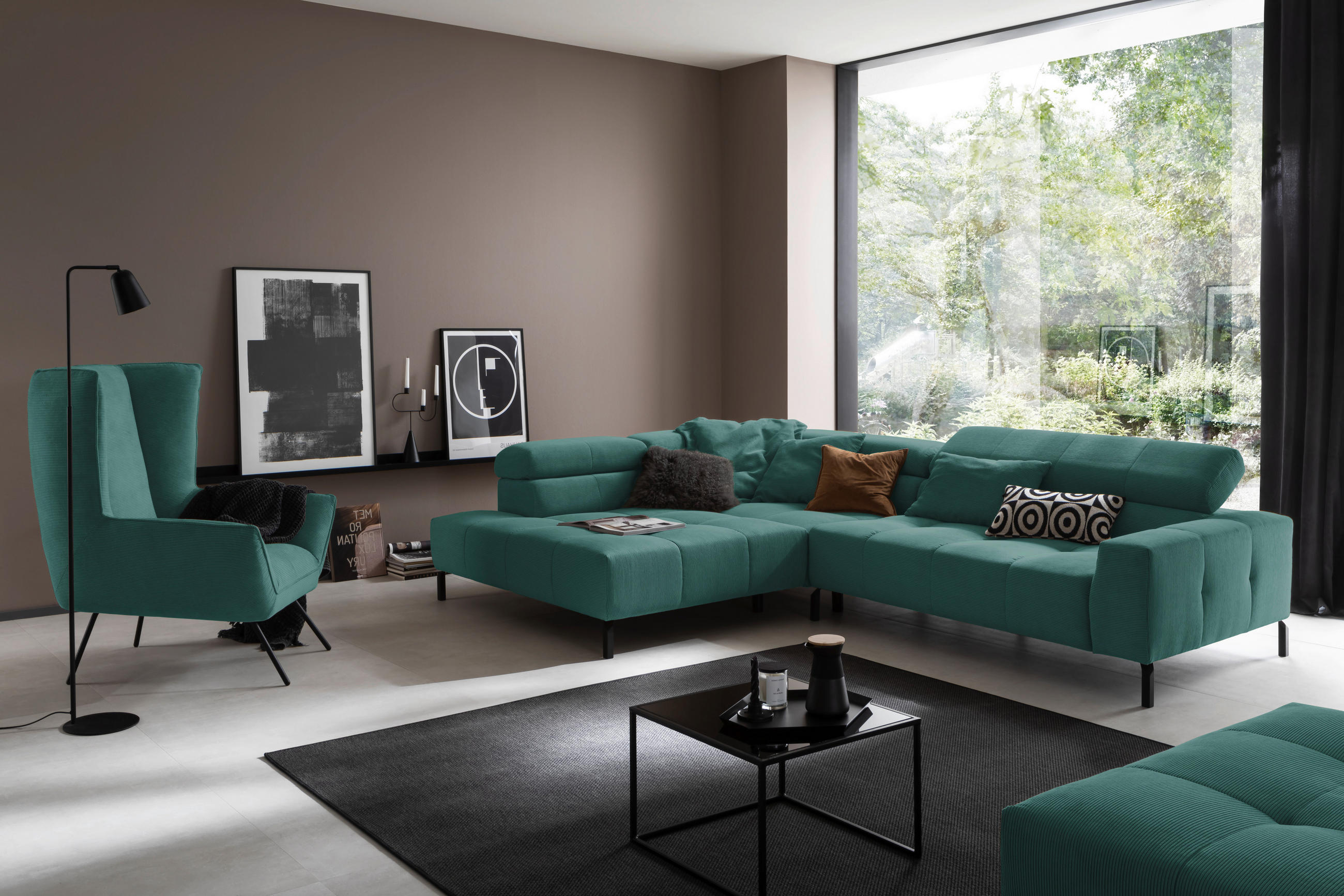 ECKSOFA in Feincord Grün  - Schwarz/Grün, Konventionell, Textil/Metall (219/311cm) - Hom`in