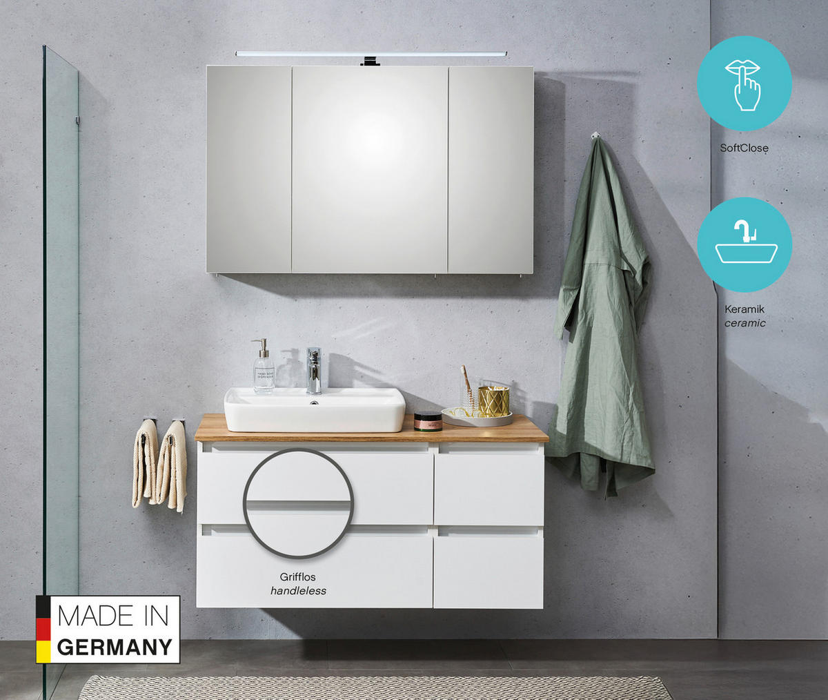 KOPALNICA  bela, barve hrasta  - barve hrasta/bela, Konvencionalno, leseni material/keramika (113cm) - Pelipal