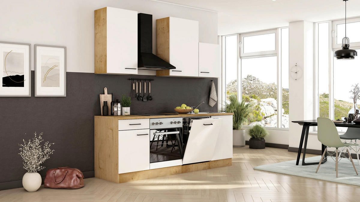 KÜCHENBLOCK 220 cm  in Eichefarben, Magnolie  - Eichefarben/Magnolie, Trend, Holzwerkstoff/Metall (220cm) - FlexWell