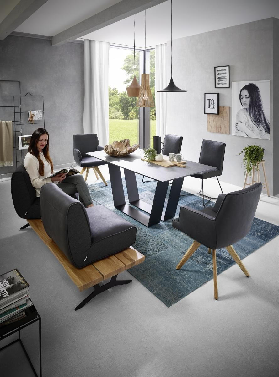 SITZBANK in Holz, Metall, Leder Anthrazit, Schwarz, Eichefarben  - Eichefarben/Anthrazit, Design, Leder/Holz (190/85/69cm) - Ambiente