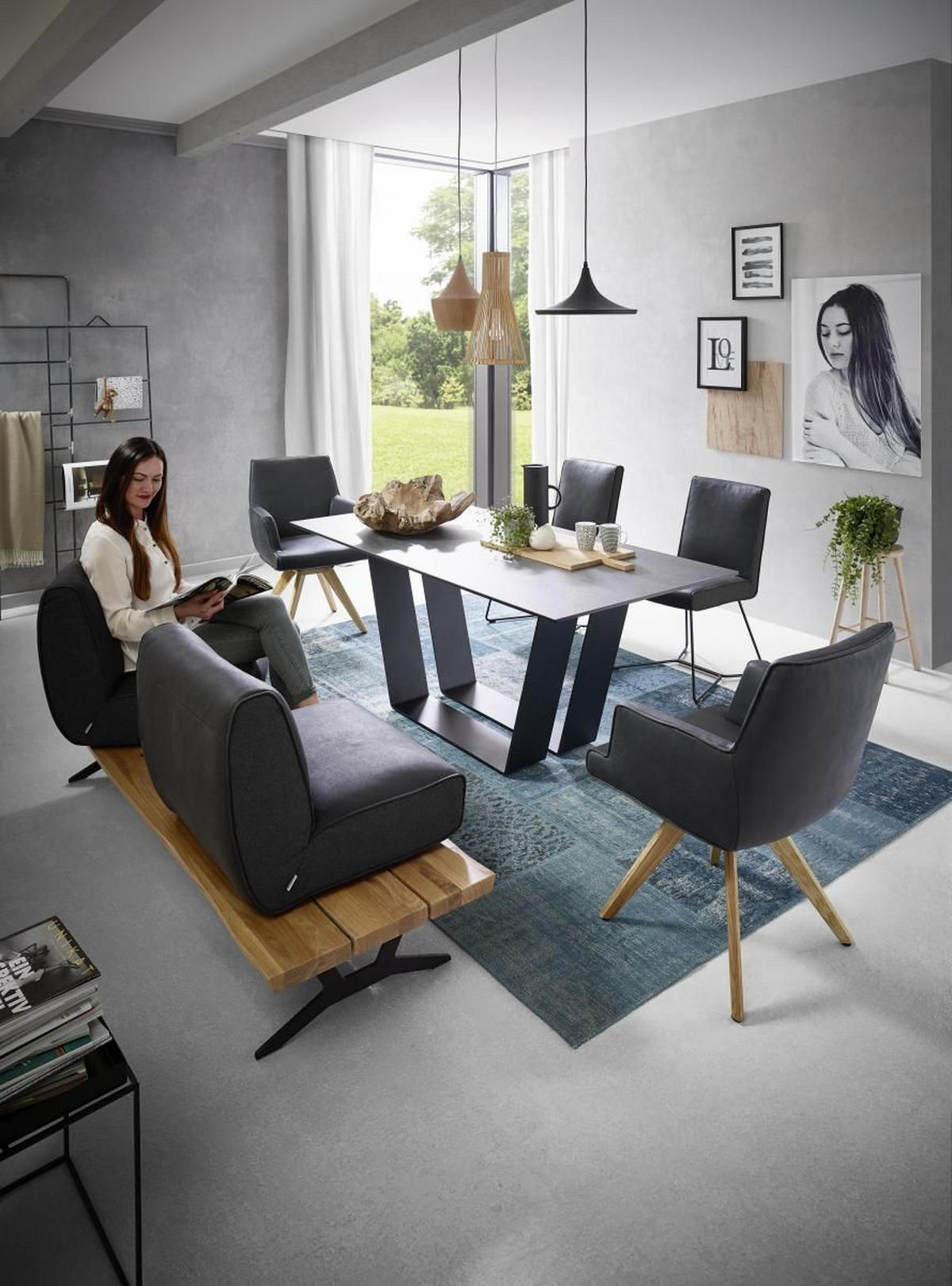SITZBANK in Holz, Metall, Leder Anthrazit, Schwarz, Eichefarben  - Eichefarben/Anthrazit, Design, Leder/Holz (190/85/69cm) - Ambiente