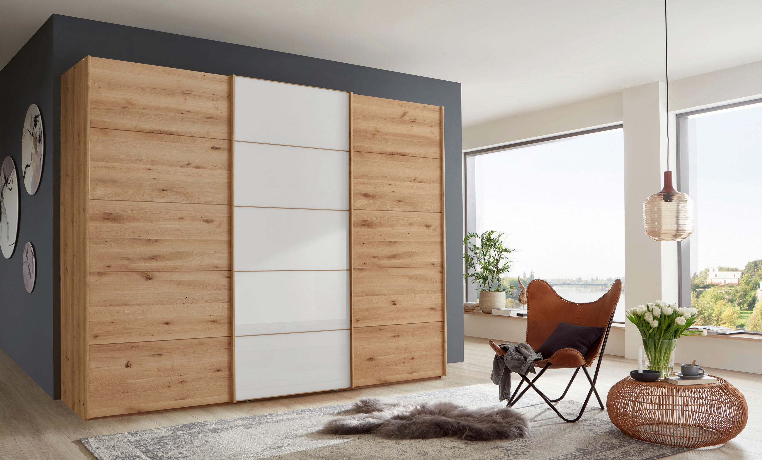 SCHWEBETÜRENSCHRANK 300/236/67 cm 3-türig Weiß, Eiche Bianco  - Eiche Bianco/Weiß, Natur, Glas/Holz (300/236/67cm) - Linea Natura