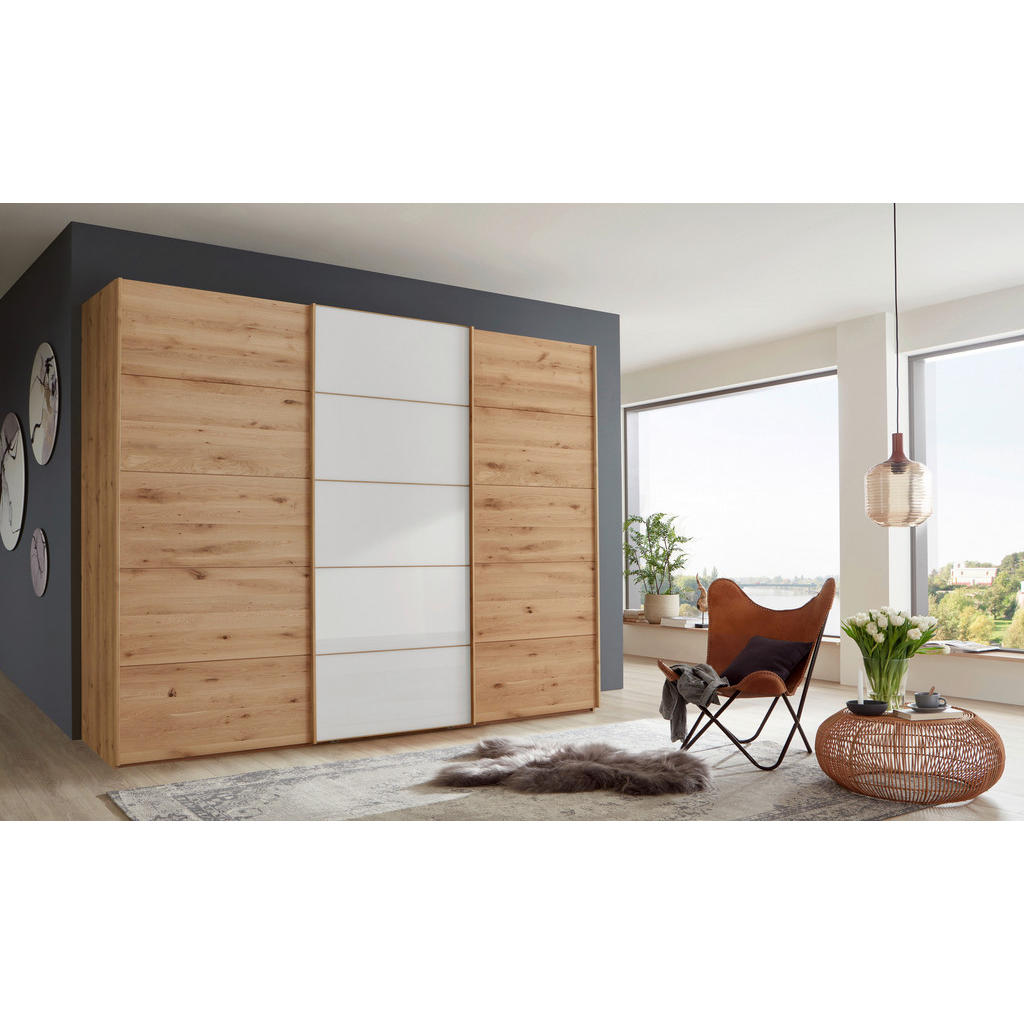 Thumbnail - Linea Natura Schwebetürenschrank, Weiß, Eiche Bianco, Holzwerkstoff, Eiche, teilmassiv, 300x236x67 cm, ISO 9001, Goldene...