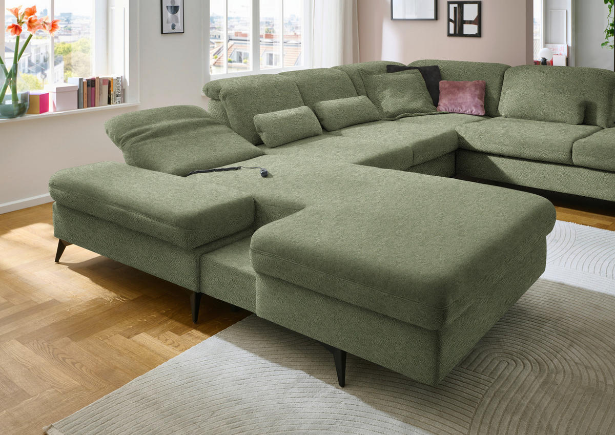 WOHNLANDSCHAFT  in Chenille Olivgrün  - Schwarz/Olivgrün, Design, Textil/Metall (198/364/255cm) - Beldomo Style