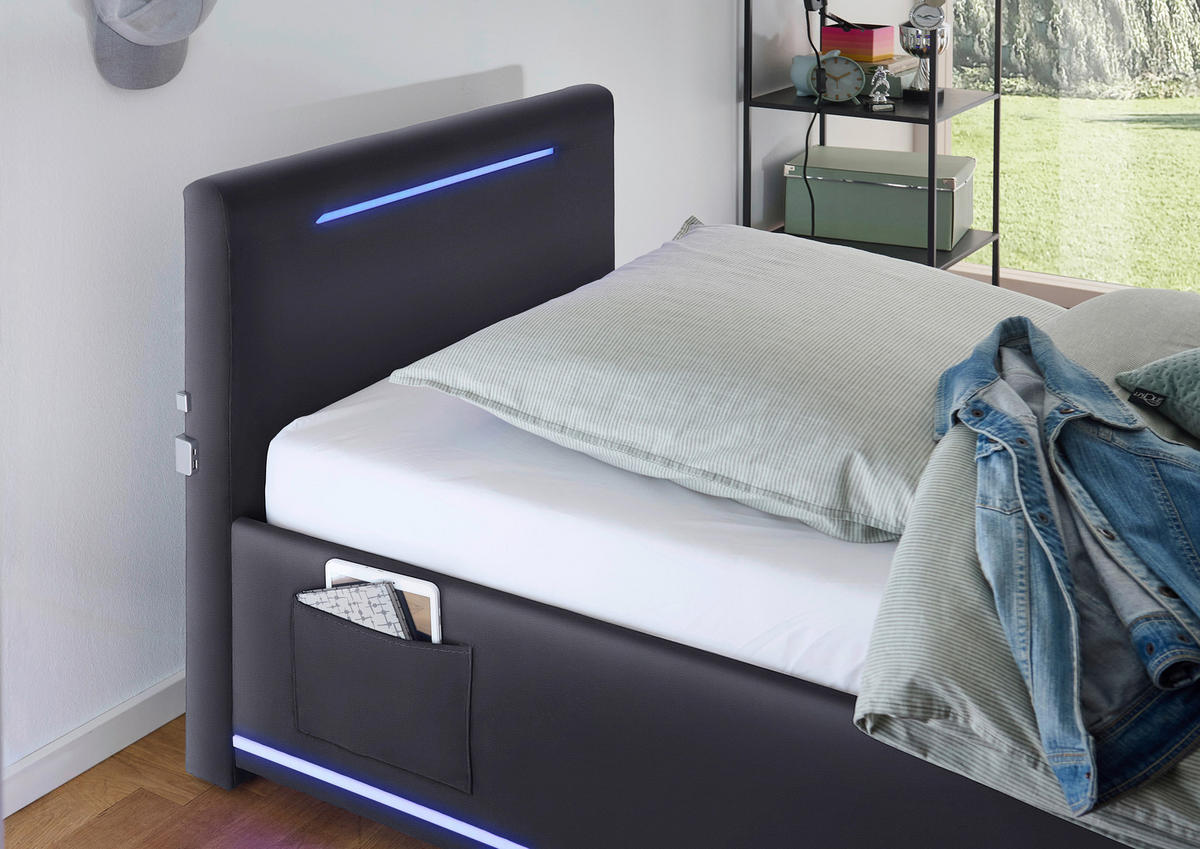 POLSTERBETT 90/200 cm,  in Schwarz, Beleuchtung, Lattenrost, Bettkasten,  - Birkefarben/Buchefarben, Design, Holz/Kunststoff (90/200cm) - Xora