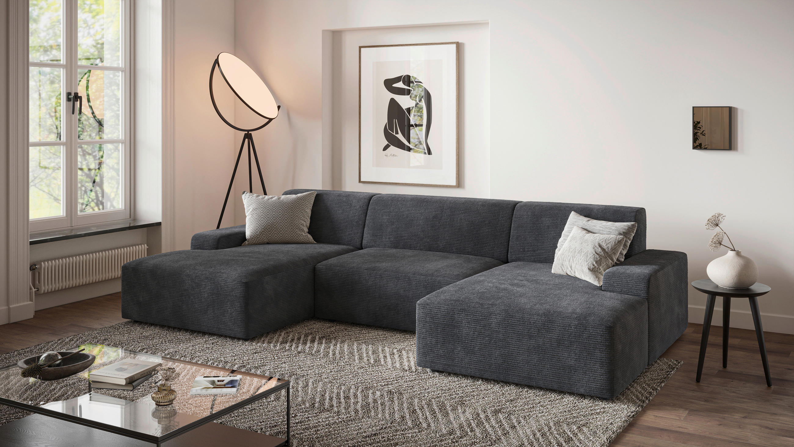 WOHNLANDSCHAFT WIEN in Cord Dunkelgrau  - Dunkelgrau/Schwarz, MODERN, Kunststoff/Textil (162/329/162cm) - Trendmanufaktur