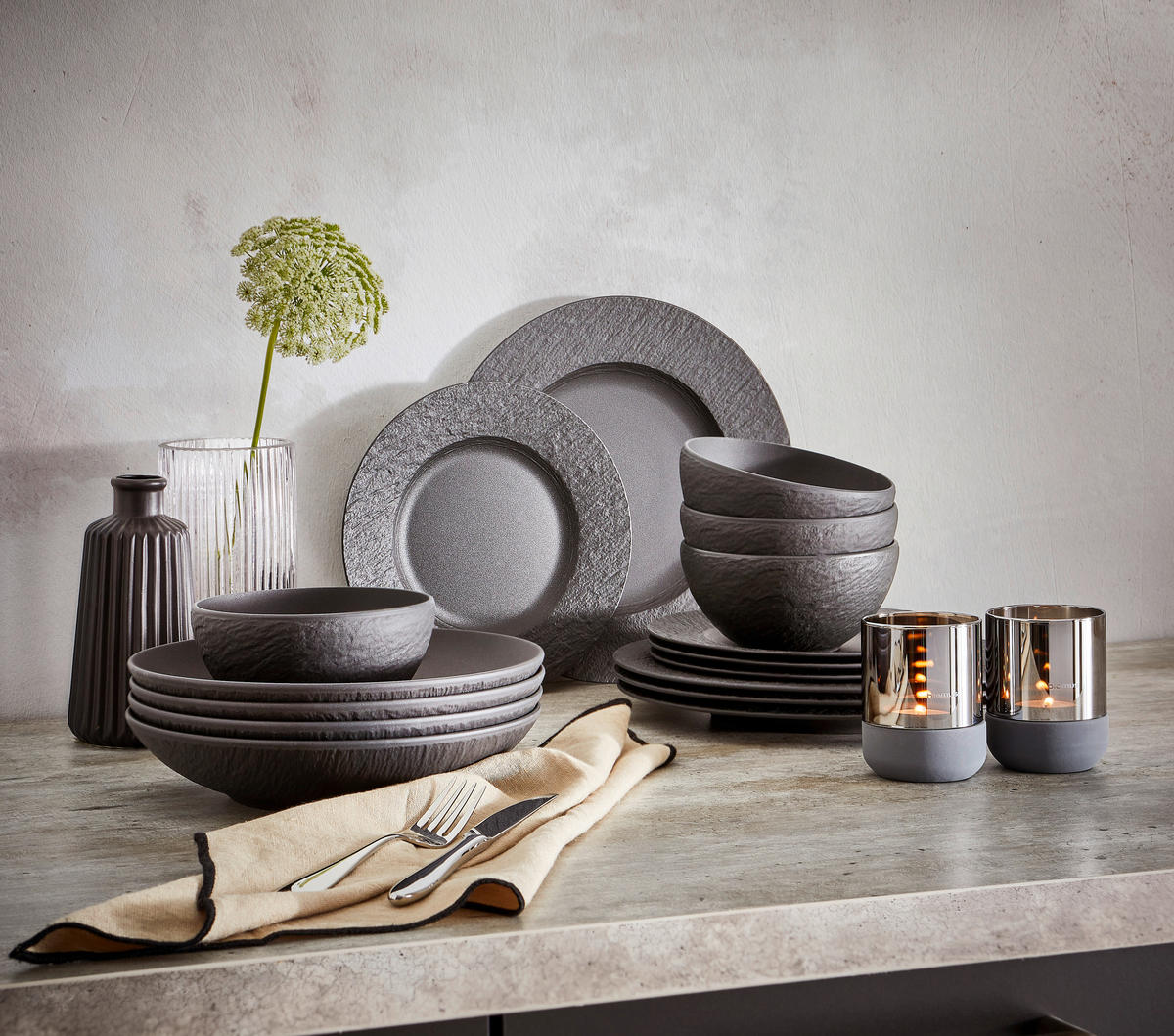 TAFELSERVICE Schwarz 16-teilig Manufacture Rock  - Schwarz, Design, Keramik - Villeroy & Boch