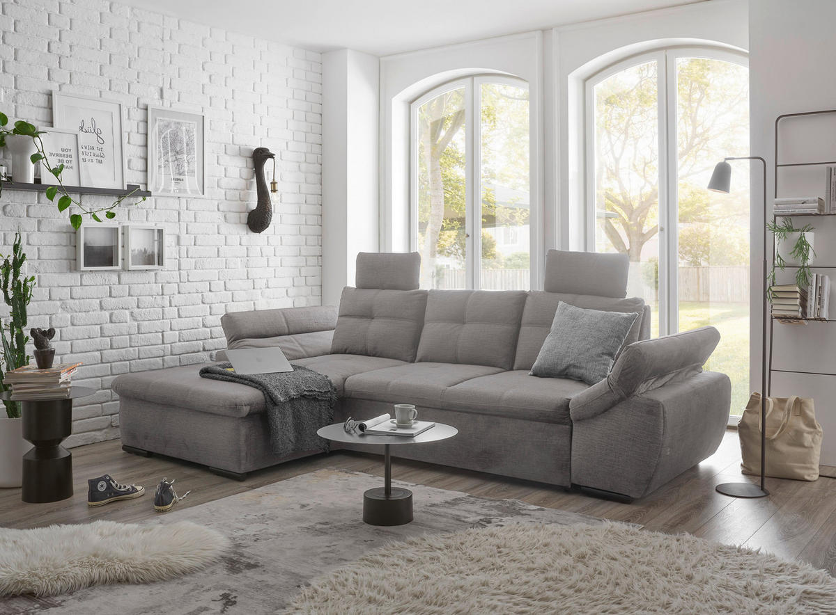 ECKSOFA Mikrovelours Hellgrau  - Hellgrau/Schwarz, Konventionell, Kunststoff/Textil (170/275cm) - Carryhome